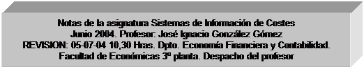 Cuadro de texto: Notas de la asignatura Sistemas de Informaci�n de Costes
Junio 2004. Profesor: Jos� Ignacio Gonz�lez G�mez
REVISION: 05-07-04 10,30 Hras. Dpto. Econom�a Financiera y Contabilidad.
Facultad de Econ�micas 3� planta. Despacho del profesor
